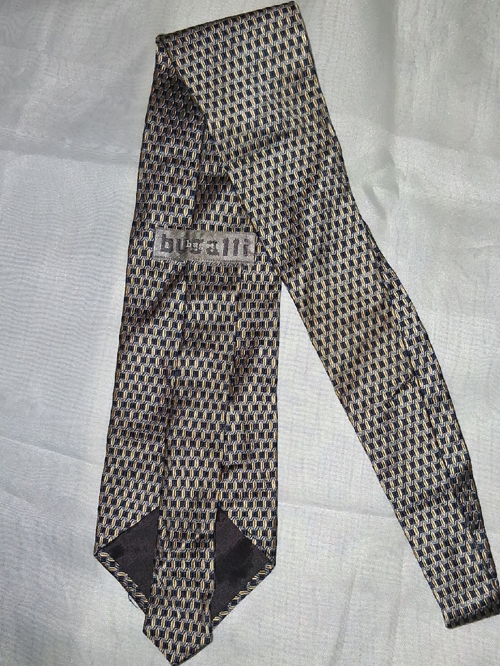Bugatti Micro-Pattern Silk Tie in Navy and Gold-Tan